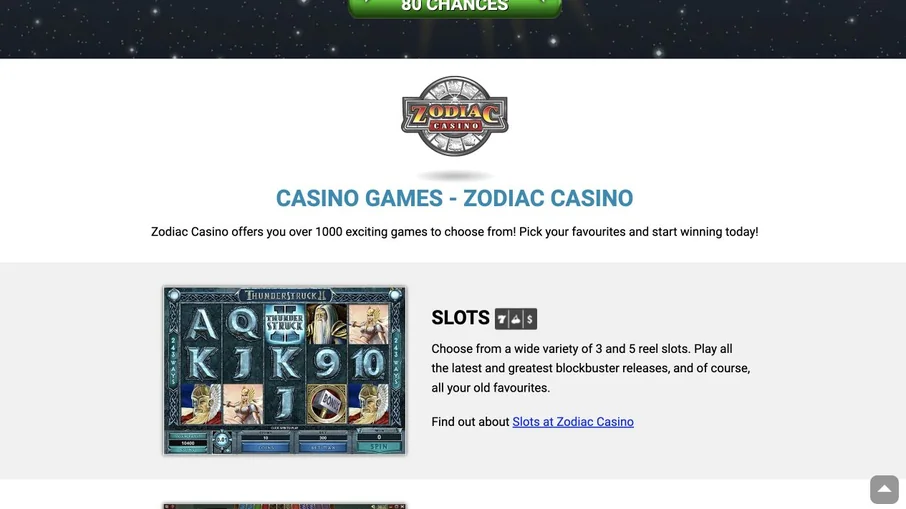 Zodiac Casino: captura (escritorio)