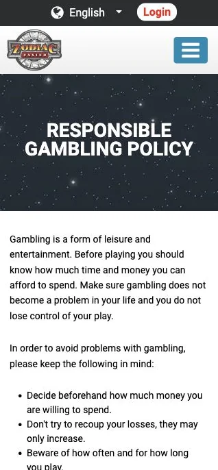 Zodiac Casino: captura (versión móvil)